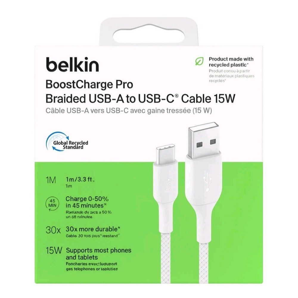Belkin BoostCharge Pro USB-A to USB-C Braided Cable 3.3ft 1M White NEW